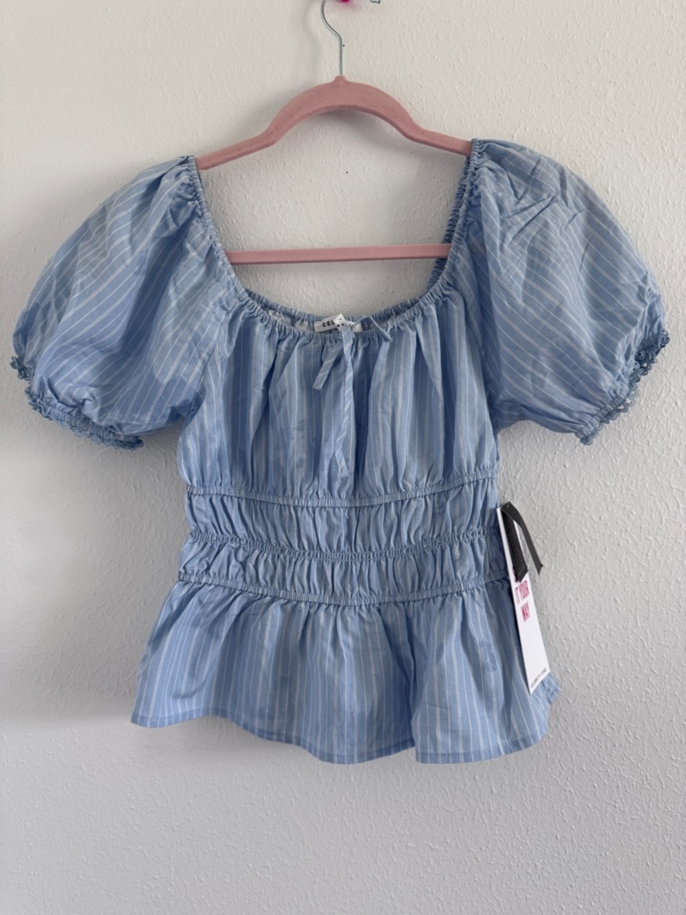 Celebrity Pink Blue Pinstripe Puff Sleeve Peplum Top Smocked NWT Size S